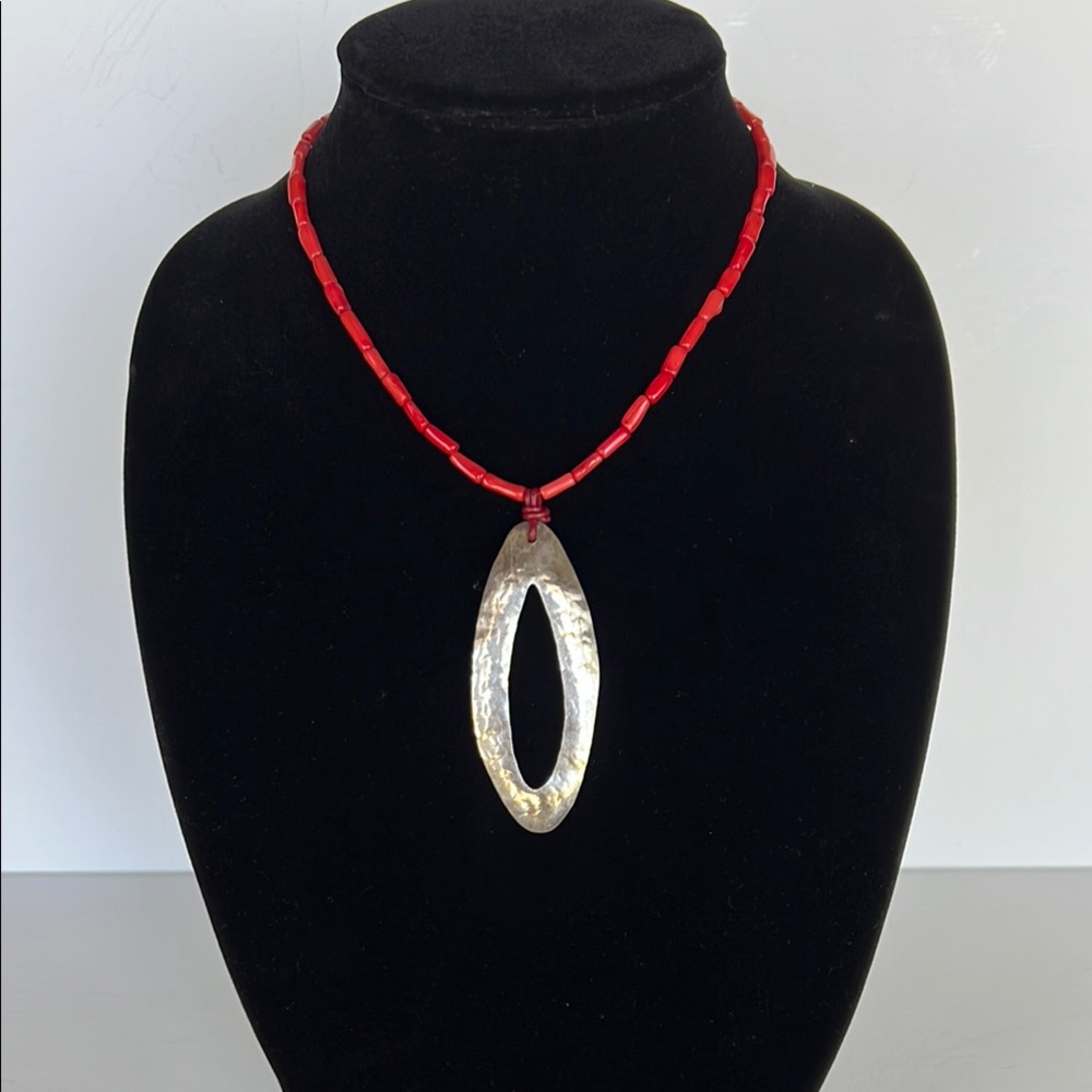 Silpada Red Beaded Necklace with Hammered Silver Oval Pendant